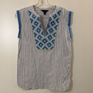 J. Crew Blue and Yellow Embroidered Striped Blouse
